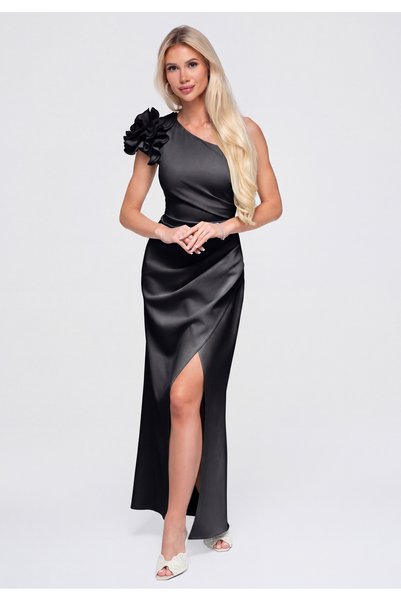 Larica Women's Evening Dress, Maxi Fit, Asymmetrical Neckline LA-OM-DLR377 Negru