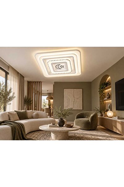 Ay Yıldız Desenli Modern Kare LED Tavan Avizesi – Salon ve Oturma Odası