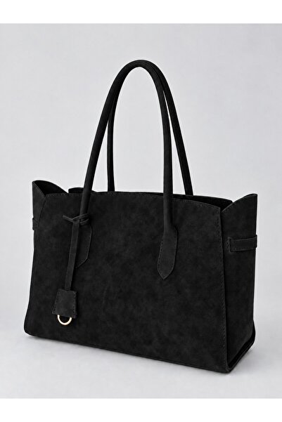 Madamra Black Suede Women's Shoulder Bag with Zippered Interior Compartment Shopper Model