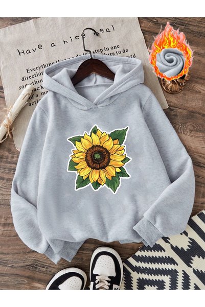ARMHEM Sunflower Front Printed Gray Oversize Hooded Sweatshirt Hoodie