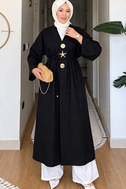 LUNESSA COLLETİONS Milano Keten Gold Broş Detaylı Uzun Kimono