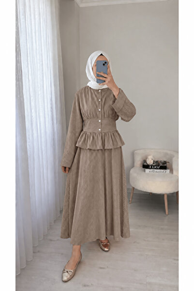 Hepsi Moda Beli Kemer Detaylı Çizgili Etekli Takım - Vizon