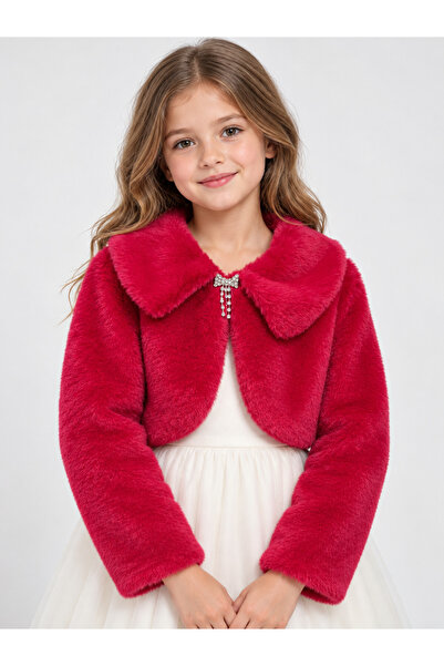 nacar çarşı Girl's Red Plush Fur Bolero |   Stone-Embellished Brooch, Long Sl...