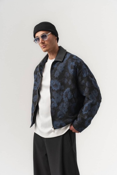 go gang own Bloomriot Leather Collared Floral Jacquard Zippered Men's Coat