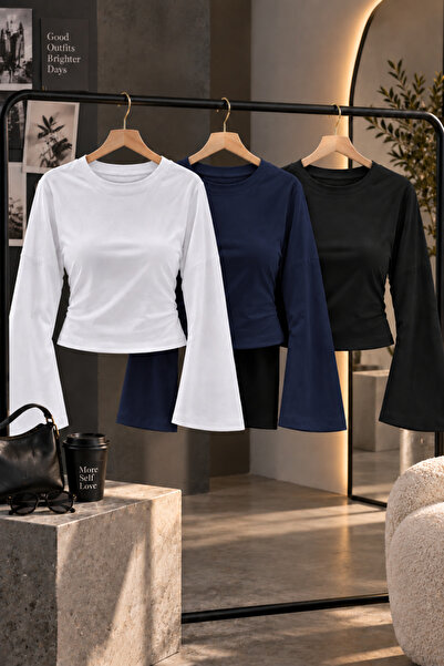 COMBİNE MİCHAİL Women's Basic Wide Sleeve Crop Blouse 3-Piece