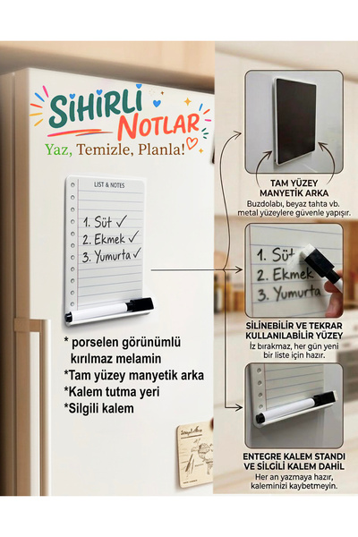 EVSTYLE SİLİNEBİLİR NOT TAHTASI - PORSELEN GÖRÜNÜMLÜ KIRILMAZ MELAMİN