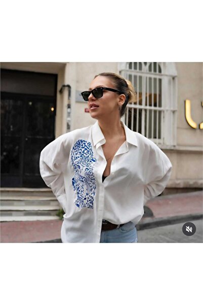 BA Design House Mavi Leopar Nakış İşlemeli Gömlek