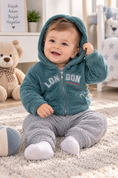 SERPİL Ss Gi̇yi̇m Baby Boy Plush Set – Green London Print Hooded Sweatshirt a...
