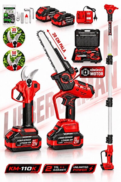 Lieber German BL Motor Teleskopik 2 Li Set 20 Cm Dal Budama Makinesi 50 Cm Kademeli Budama Makası Ma
