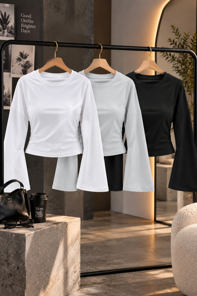 COMBİNE MİCHAİL Women's Basic Wide Sleeve Crop Blouse 3-Piece