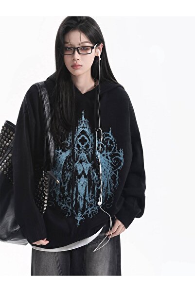 Minga London Siyah Gotik Mavi Melek Baskılı Kapüşonlu Oversize Sweatshirt
