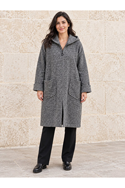 AGORATEKSTİL Women's Italian Double Pocket Zippered Hooded Boucle Fabric Coat...