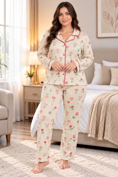 ZAVIXO Kadın Desenli Gömlek Yaka Pijama Takımı – Düğmeli Uzun Kollu 2'li Takım