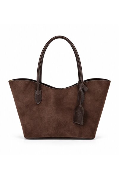 SHAKA Kahverengi Süet SHK284 Geniş Hacimli,Fermuarlı,Büyük Boy,Shopper Omuz Ç...