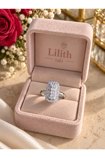 Lilith Takı Women's Silver Color Rectangular Stone Ring – Sparkling and Styli...