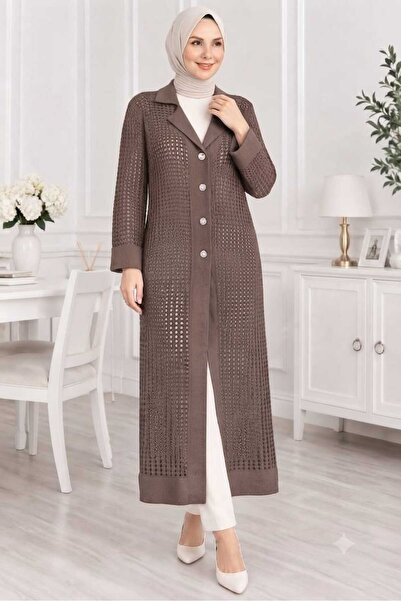 Pamuk Butik Γυναικεία διάτρητη πλεκτή μακριά ζακέτα