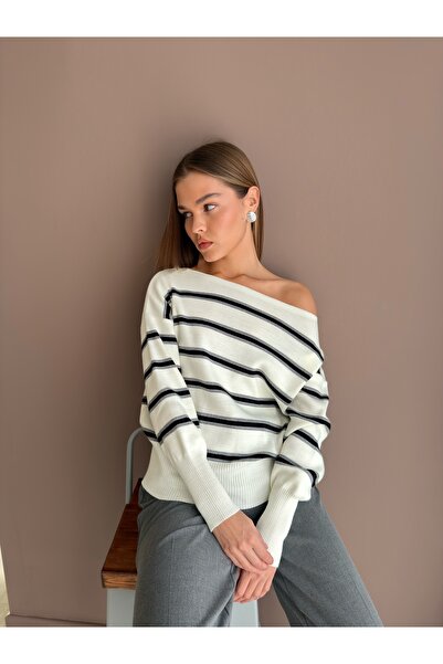 KENZA'A TRİKO Off shoulder striped knit sweater