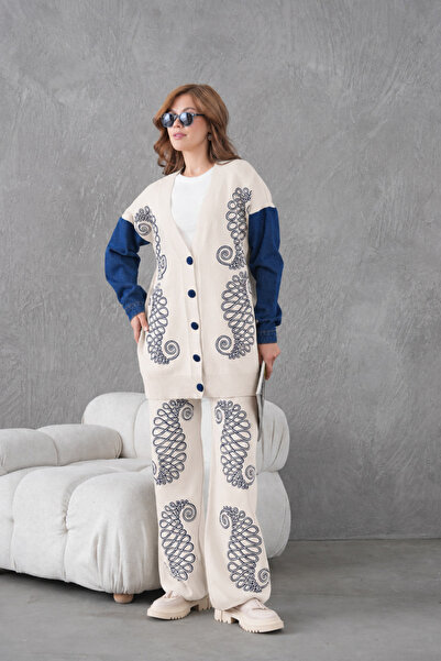 Moda Neval Women's Embroidered Sleeves Denim Knitwear Cardigan Trousers Two-P...