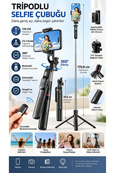 Asfal 170 CM Tripodlu Selfie Çubuğu Bluetooth Kumandalı 360° Döner Telefon Tu...