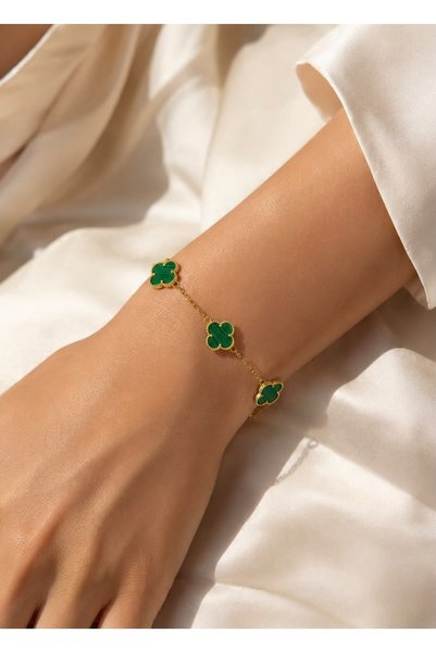 LİNOVE JEWELLERY 925 Ayar Gümüş Yeşil yonca bileklik, Gümüş Yonca malakit yon...