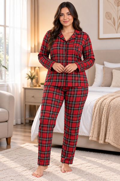 Kadın Desenli Gömlek Yaka Pijama Takımı – Düğmeli Uzun Kollu 2'li Takım