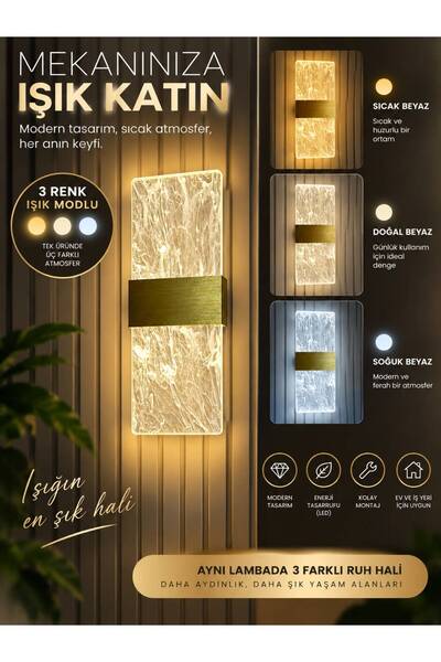 bella lighting Lüks Modern Anna 3 Renk Led Aplik Sarı Gold Duvar Lambası Elek...