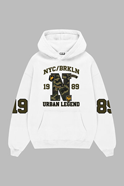 Sekizbiraltı Urban Legend Baskılı Beyaz Oversize Unisex Hoodie