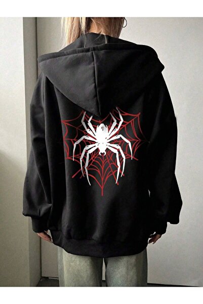 Minga London Siyah Örümcek Ağ Sırt Baskılı Oversize Kapüşonlu Sweatshirt