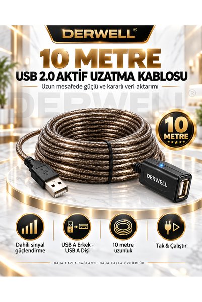 Derwell Yeni 2026 10 Metre USB 2.0 Aktif Uzatma Kablosu Dahili Güçlendirilmiş...