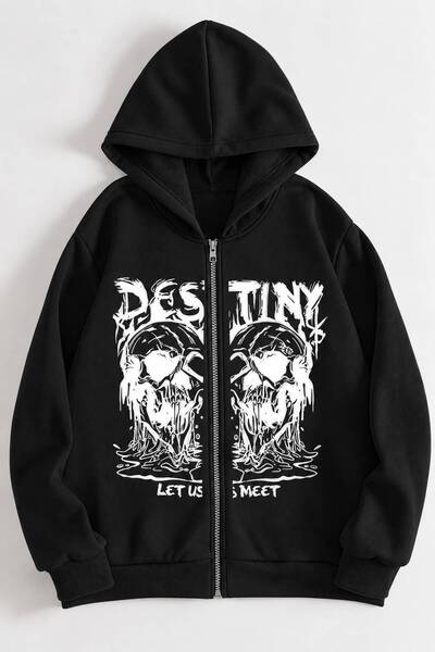 Minga London Siyah Destıny Let Us Meet Baskılı Fermuarlı Kapüşonlu Oversize Sweatshirt