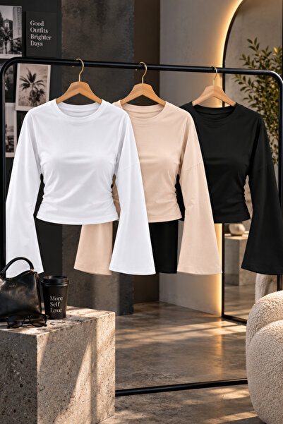 COMBİNE MİCHAİL Women's Basic Wide Sleeve Crop Blouse 3-Piece