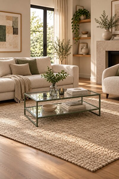 Teknor Şeffaf Camlı Yeşil Orta Sehpa Çift Raflı Modern Tasarım 90*50*46 cm