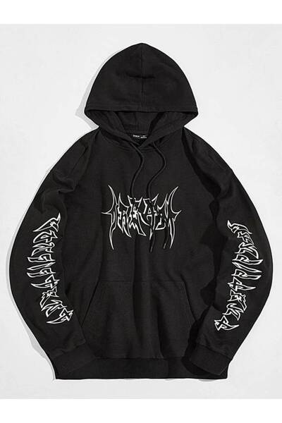 Minga London Siyah Heavy Metal Tarzı Baskılı Kapüşonlu Oversize Sweatshirt