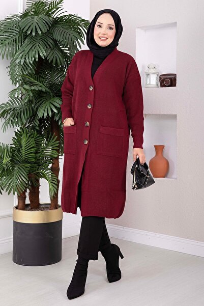 EBRUTESETTÜR Buttoned Pocketed Long Knitwear Cardigan Claret Red
