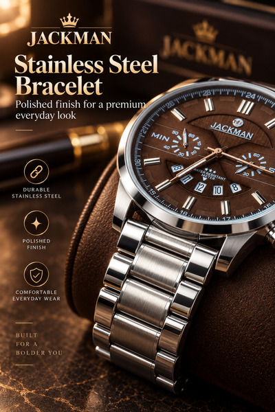 JACKMAN Men’s Stainless Steel Watch – Brown Dial, Silver Metal Bracelet, Date Display, Luxury Analog Wristwatch