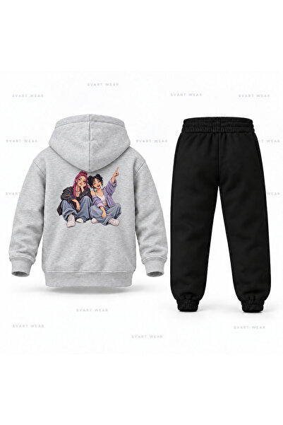 SVART WEAR Kpop Demon Hunters Mira Zoey Denim Printed Kids Hooded Tracksuit Set