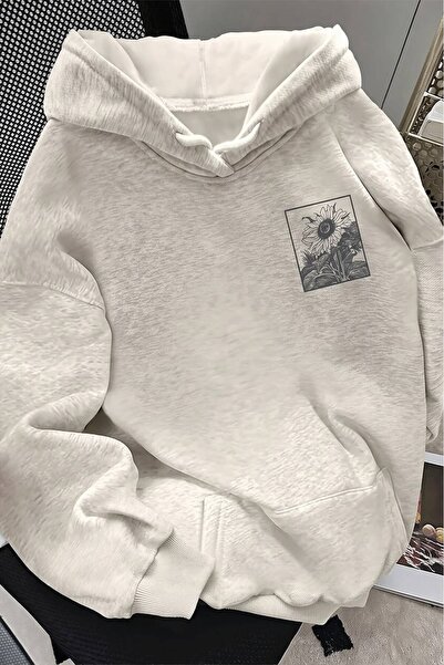 Minga London Gri Flowers Sırt Baskılı Kapüşonlu Oversize Sweatshirt