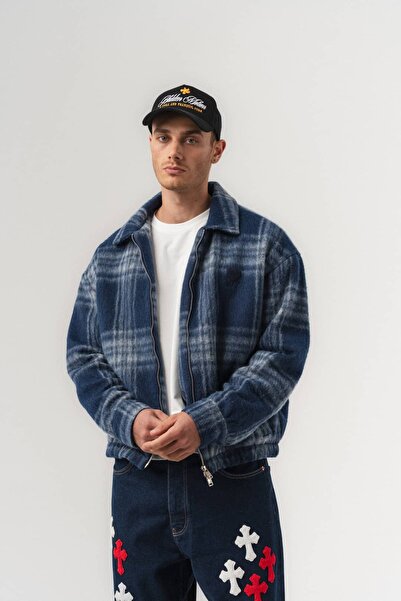 go gang own Checkwool Plaid Patterned Zippered Wool Cashmere Men's Coat