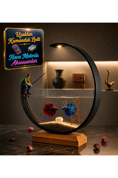 Heryerden Ahşap Ayaklı Lüks Beta Balığı Akvaryumu Tüm Set 40 Cm Ledli Akvaryum