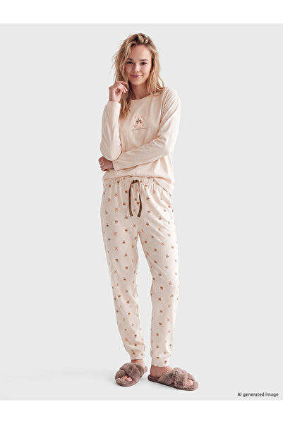 LC Waikiki Vizyon New Season Beige Crew Neck Printed Women's Pajama Set