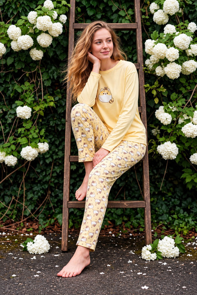 CALİA Women's Yellow Cat Patterned Long Sleeve Soft Knitted Pajama Set