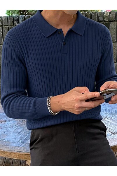 Oksit Rawi Men's Slim Fit Ribbed Knitwear Polo Collar Sweater - Long Sleeve B...