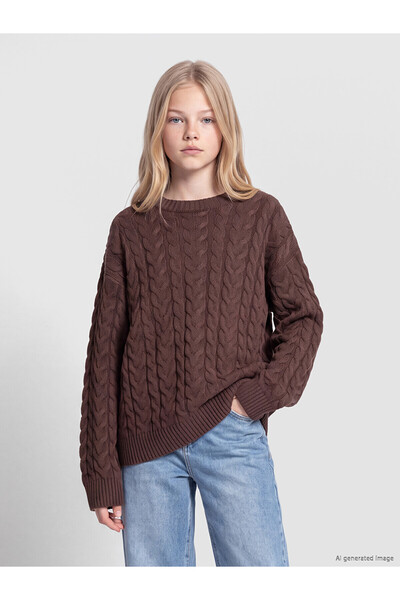 LC Waikiki Alita City Lcw Kids Brown Hair Braided Girls' Knitwear Sweater wit...