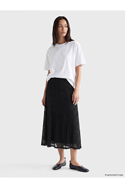 LC Waikiki Vizyon New Season Black Elastic Waist Lace A-Line Skirt