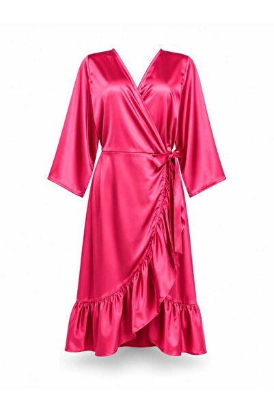 GOB Büyük Beden Lycra Long Double-Breasted Ruffled Dressing Gown/Kimono
