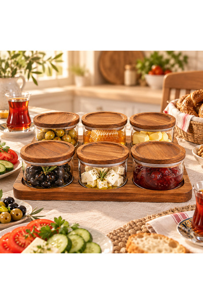 Bölmeli Akasya Kapaklı Cam Kahvaltılık Seti Vakum Kapaklı Tepsili