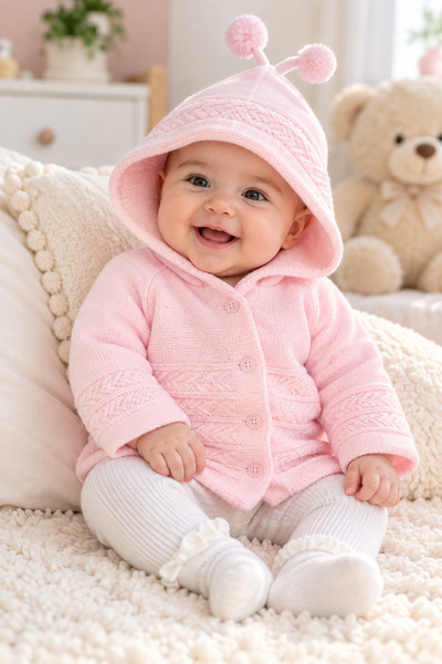 SERPİL SS GİYİM Kız Bebek Pembe Örgü Hırka – Kapüşonlu Ponponlu Triko Bebek H...