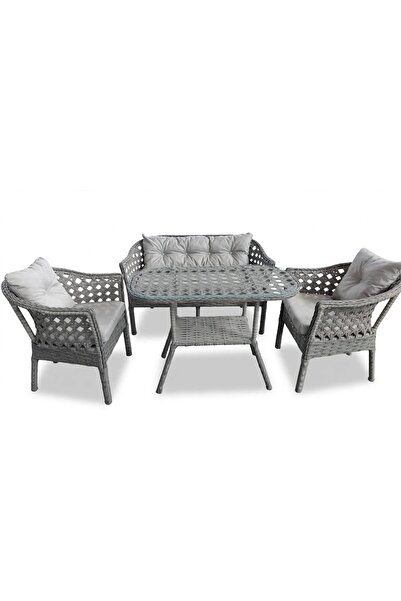 Alle Garden Mini Çay Seti 4 Kişilik Gri Kuş Yuvası Örgü Rattan Balkon Takımı ...