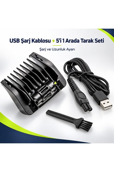 Supervac One Blade QP1424 QP2724 QP2824 Uyumlu USB Şarj Kablosu + 5’i 1 Arada Ayarlanabilir Tarak Seti