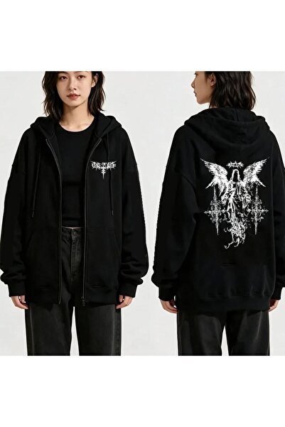 Minga London Siyah Gotik Melek Baskılı Fermuarlı Kapüşonlu Oversize Sweatshirt